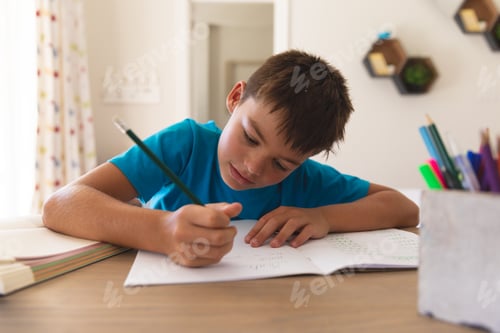 Preview: Caucasian boy having video call during class, sitting at desk at home