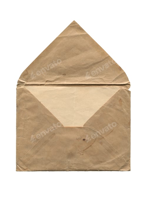 Preview: front view of old open aged paper envelope isolated on white