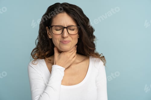 Preview: Sick woman having sore throat, tonsillitis, feeling sick, suffering from painful swallowing isolated