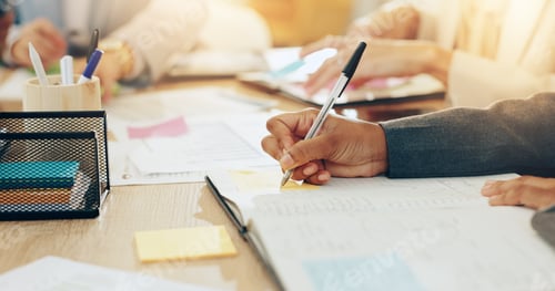 Preview: Person, hands and writing on sticky note for business, planning and calendar update in office. Admi