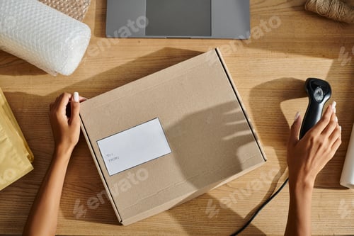 Preview: cropped view of african american female seller holding scanner next to cardboard box, delivery