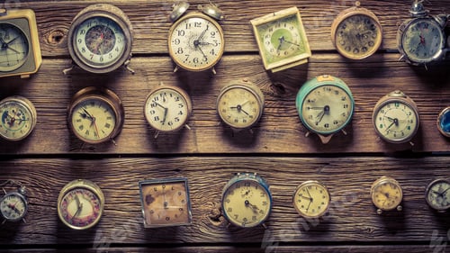 Preview: Mix of aged clocks on the wooden wall