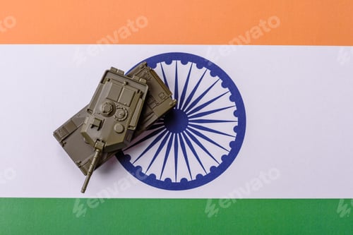 Preview: Money and flag of India with ammunition and tank as a concept of weapons for war. India and weapons