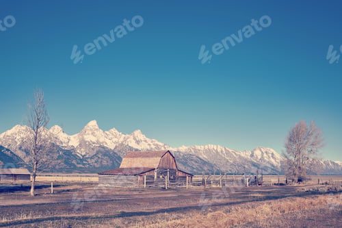 Preview: Retro stylized famous Grand Teton landscape, USA.