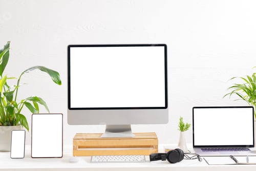 Preview: Composition of desktop computer, laptop, tablet and smartphone with copy space on white background