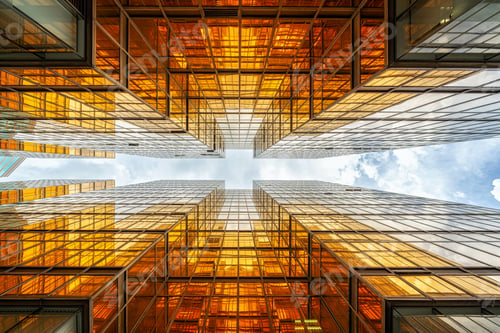 Preview: Uprisen angle of Hong Kong skyscraper with reflection of clouds among high building