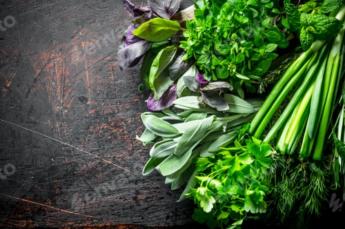 Preview: Useful herbs on the wooden tray.