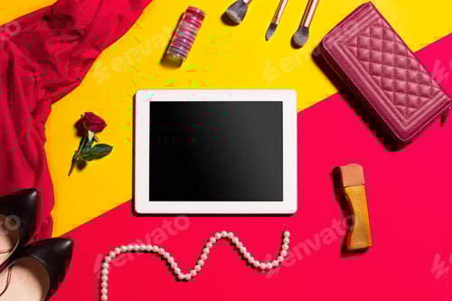 Preview: Still life of fashion woman, objects on yellow table
