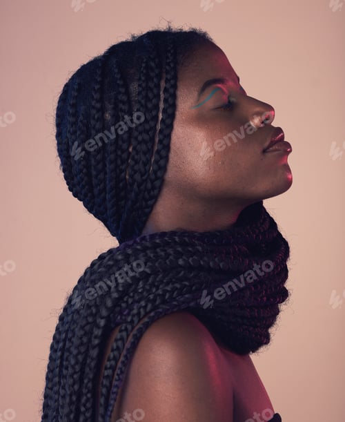 Preview: Black woman profile, face and hair with eyes closed, makeup and beauty isolated on studio backgroun