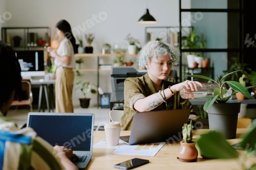Preview: Woman Watering Plants At Workplace In Office