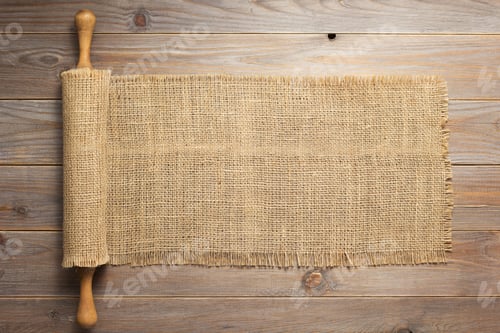 Preview: rolling pin and sacking burlap at wooden board