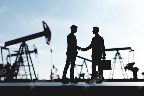 Preview: Two businessmen, investors making a deal, handshake in oil pump station. Oil industry