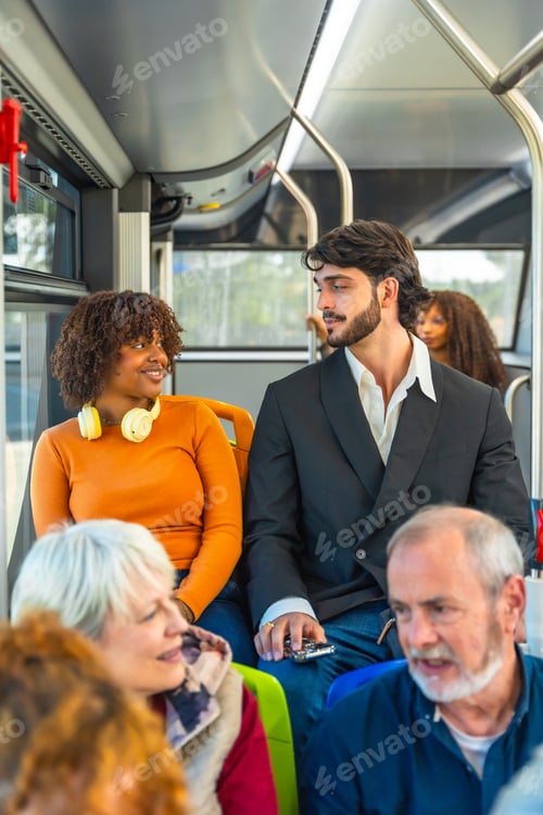 Preview: Diverse people commuting by bus in city