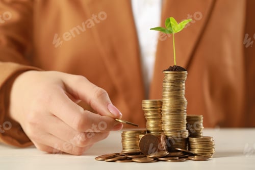 Preview: Woman putting coin onto stack with green sprout at white table, closeup. Investment concept