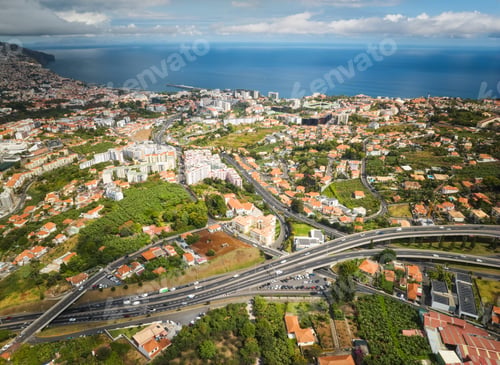 Preview: Aerial drone view of Funchal town, Madeira, Portugal