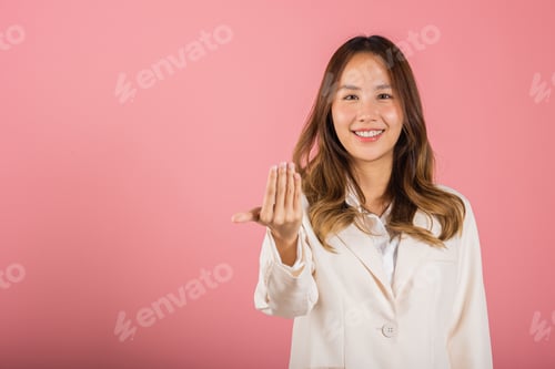 Preview: Happy Asian portrait beautiful cute young woman teen smile positive friendly making gesture hand