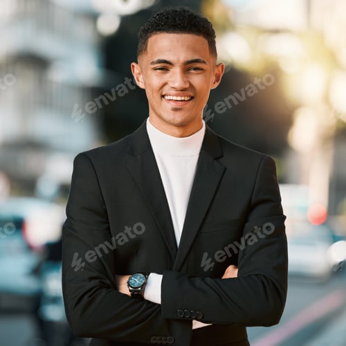 Preview: Crossed arms, happy and portrait of business man for positive mindset, startup goals and commute. T