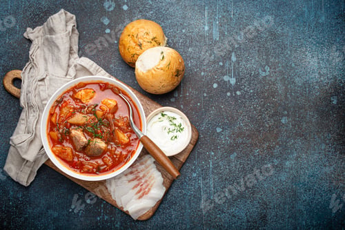 Preview: Ukrainian Borscht, red beetroot soup with meat, in white bowl with sour cream, garlic buns Pampushka