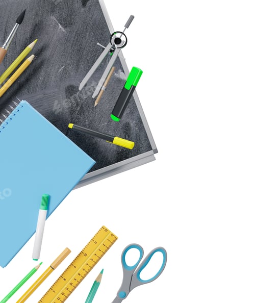 Preview: Colorful school stationery, supplies isolated on white background. Side border.