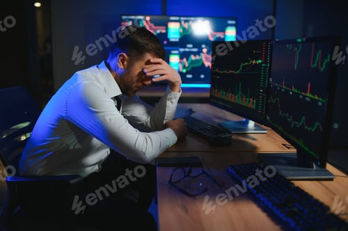 Preview: Stressed business man crypto trader broker investor analyzing stock exchange market crypto trading