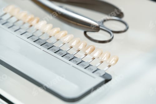 Preview: dental lab setup showcasing various shades of artificial teeth alongside dental tools