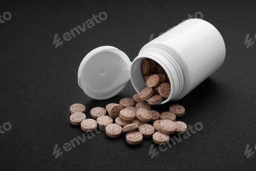 Preview: Jar of brewer`s yeast tablets on black background, closeup