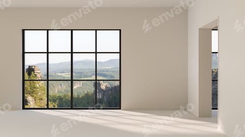 Preview: Empty white room with sunlight through glass wall window shining on floor and outside nature scenery