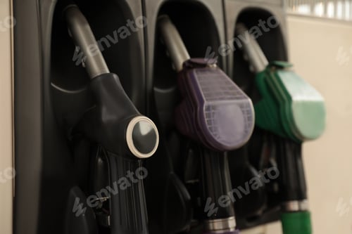Preview: Gasoline pump at modern gas filling station, closeup