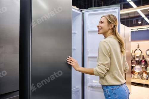 Preview: A Young Woman Joyfully Interacting with a Contemporary Refrigerator in a Retail Store Setting