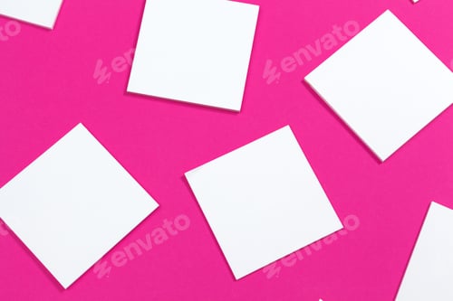 Preview: mock up concept. cards Papers on pink background. Top view, flat lay, copy space