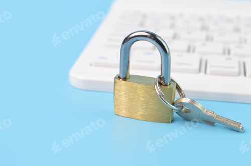 Preview: Padlock, keys and laptop keyboard. Cyber security concept