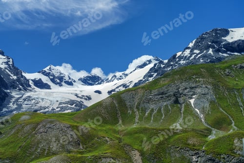 Preview: Mountain landscape along the road to Stelvio pass at summer. Glacier