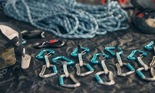 Preview: Closeup shot of a variety of carabiner hooks, rope, and other safety equipment used for rock or mou