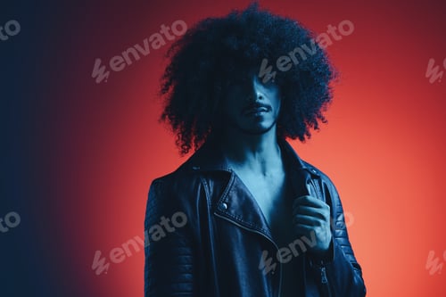 Preview: Portrait of fashion man with curly hair on red background multinational, colored light, black