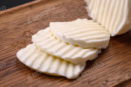 Preview: Delicious fresh mozzarella cut into slices on a wooden cutting board