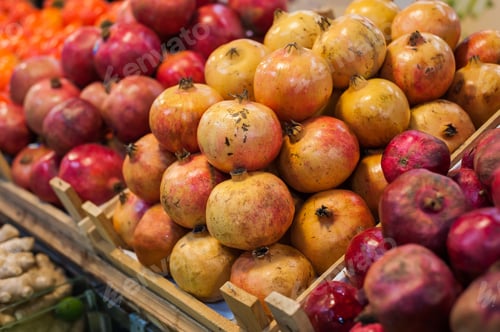 Preview: Fruit market with various colorful fresh fruits and vegetables