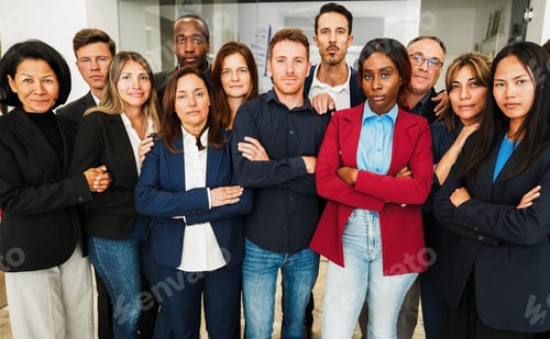 Preview: Multigenerational workers smiling in front of camera inside business office