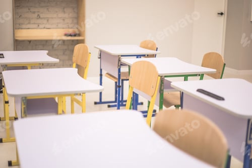 Preview: School class with school desks and blackboards in ukraine high school