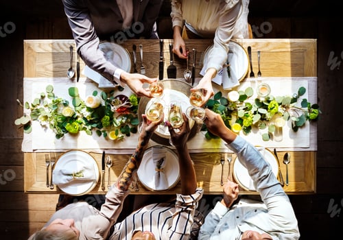 Preview: People Cling Wine Glasses on Wedding Reception with Bride and Gr