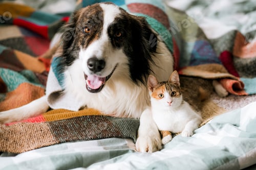 Preview: Dog and Cat Cuddling Together on a Blanket