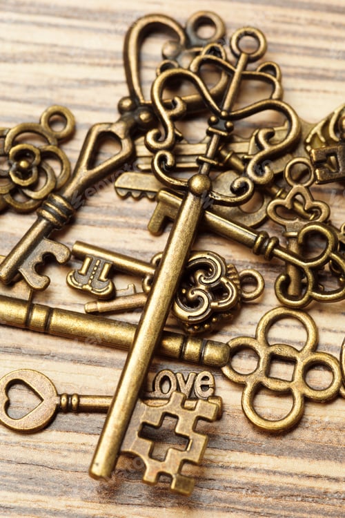 Preview: Vintage keys arranged beautifully on a wooden surface for an aesthetic touch