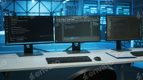 Preview: Lines of code running on computer screens in data center