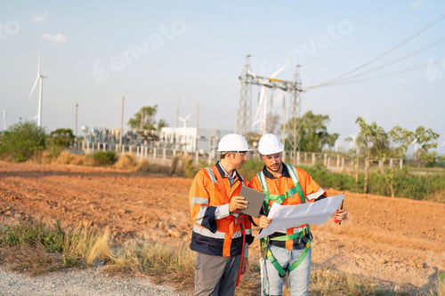 Preview: Wind turbine service engineer standing on ground planning for maintenance electricity generator