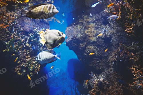Preview: Underwater view on colorful sea fishes inhabiting the Mediterranean Sea in Malta Aquarium center