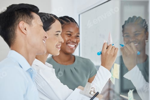 Preview: Teamwork planning, collaboration notes and window solution of ideas, vision and modern office start
