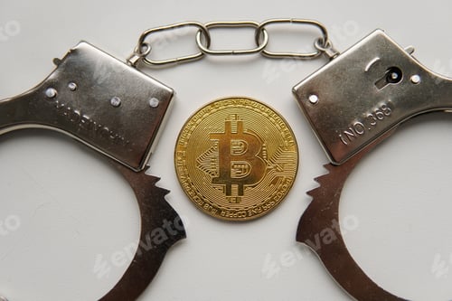 Vista previa: Bitcoin dorado (BTC) y esposas sobre la mesa. Regulación y fraude de las criptomonedas.