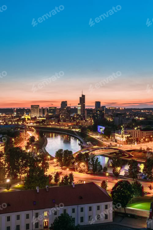 Preview: Vilnius, Lithuania, Europe. Sunset Cityscape. Modern Office Buil