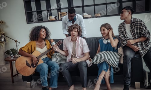 Preview: Lively, diverse friend reunion. Laughter, stories, bonding, music, dance, joyful atmosphere.