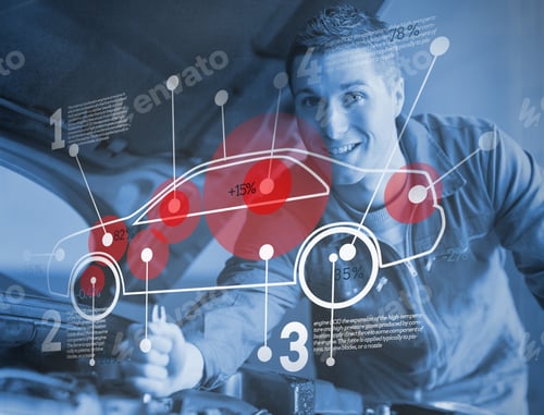 Preview: Mechanic Reparing Car While Consulting Futuristic Interface In Blue