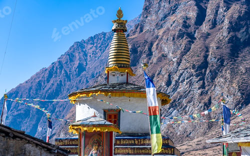 Buddhist Temple in the Mountains on a Clear Day